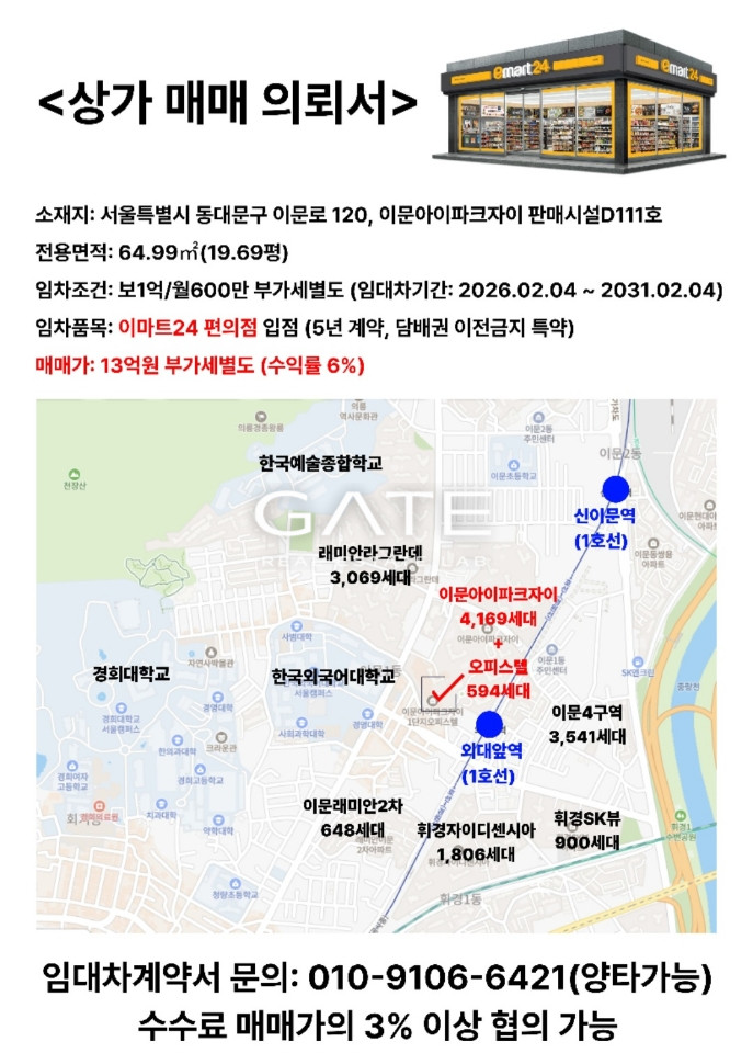 서울 동대문구 이문동 GATE 4,169가구 대단지내 판매시설 1층 편의점 투자 외대앞역인근 매매 매물번호 15303 사진 2